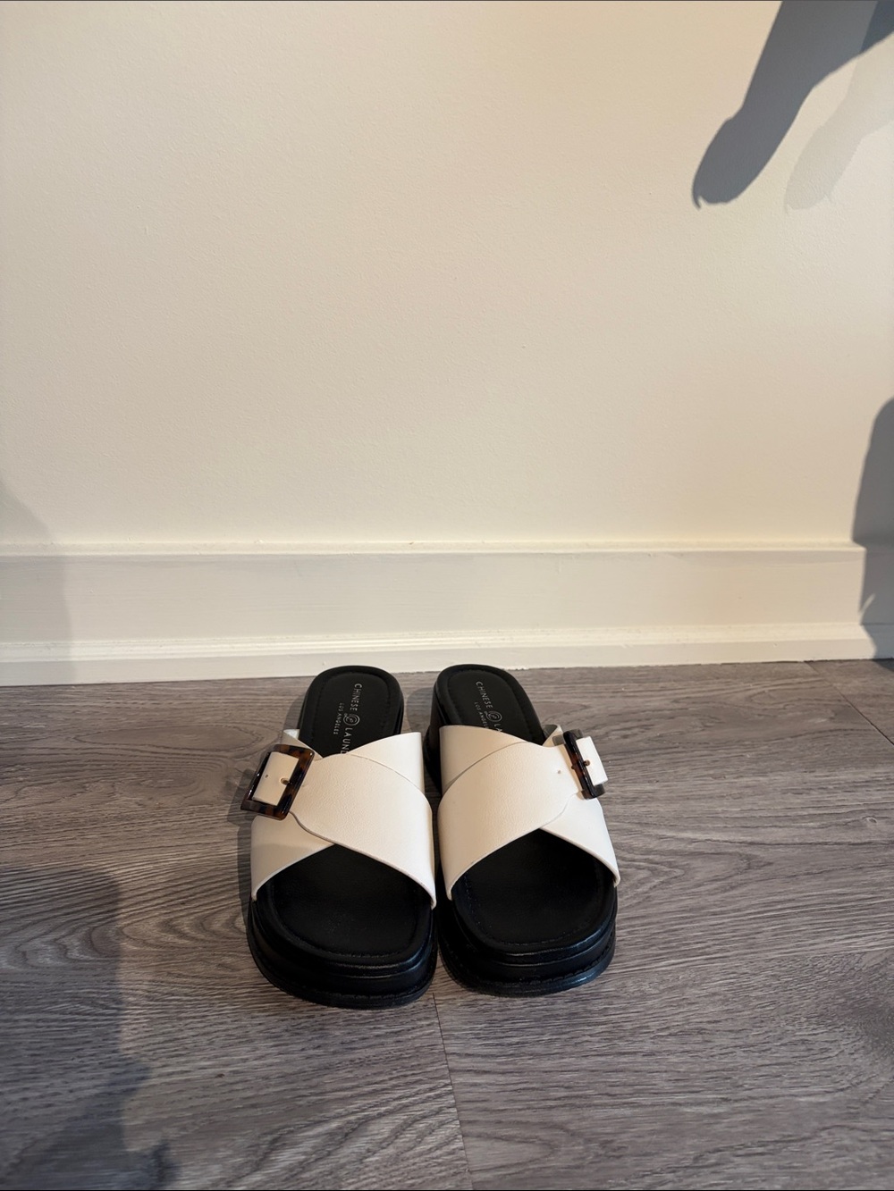 Chinese Laundry White Crisscross Slide Mules with Buckle